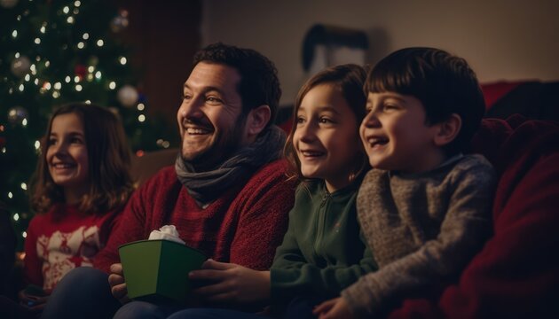 Photo of a family enjoying a cozy Christmas movie night together on the couch