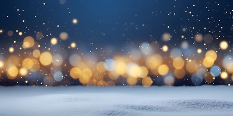 Festive Christmas natural snowy landscape, abstract empty stage, background with snow, snowdrift and defocused Christmas lights. Blue and yellow Golden Christmas lights against blue sky, copy space