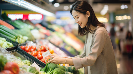 Fototapeta premium Woman chooses vegetables on the shelves at the grocery store