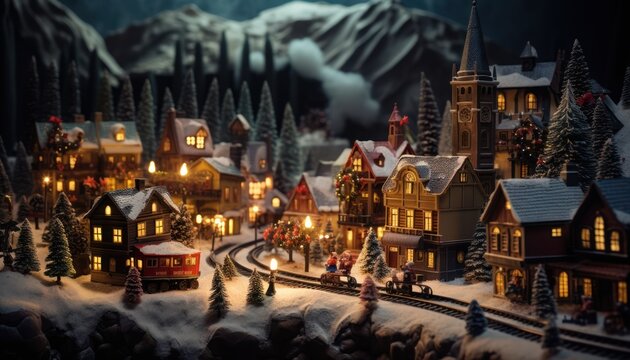 Photo of a festive Christmas village with a charming train passing by