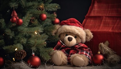 Photo of a cute teddy bear sitting next to a beautifully decorated Christmas tree