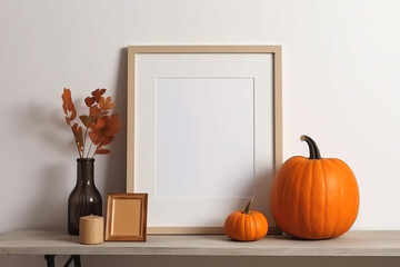 Print frame autumn mockup on shelf in living room