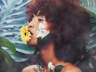 Skincare face, flowers and nature woman with eco friendly product, organic makeup or natural cosmetics. Art, sustainable dermatology and beauty model profile with plants, leaves and floral aesthetic