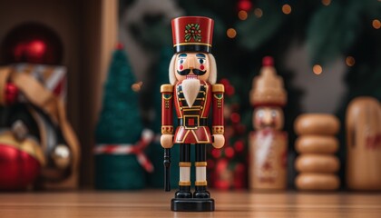 Photo of a nutcracker in front of a beautifully decorated Christmas tree