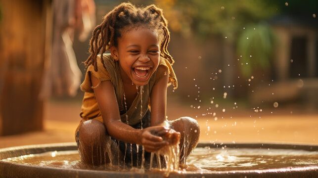 African Child Holds Out His Hands To A Container Of Clean Water.