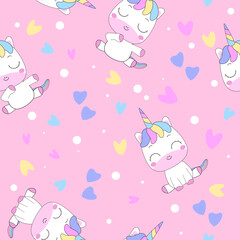Cute cartoon unicorn, heart, circle, decorative element on a pastel pink background. Flat vector style for children. Animals. Hand drawn. Baby design for fabric. Print. Wrapping paper.