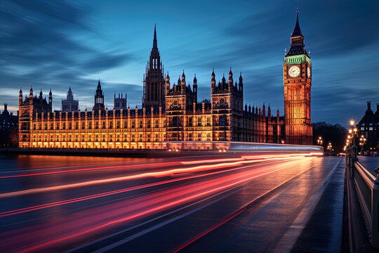 London, United Kingdom. Big Ben and Parliament Building during blue hour.