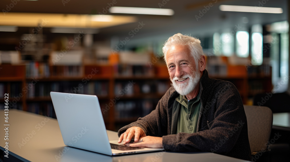Poster senior professor sits in the university library with a laptop, preparing for a lecture
