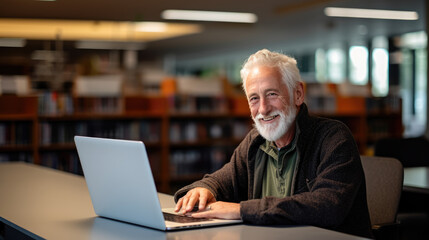 Senior professor sits in the university library with a laptop, preparing for a lecture