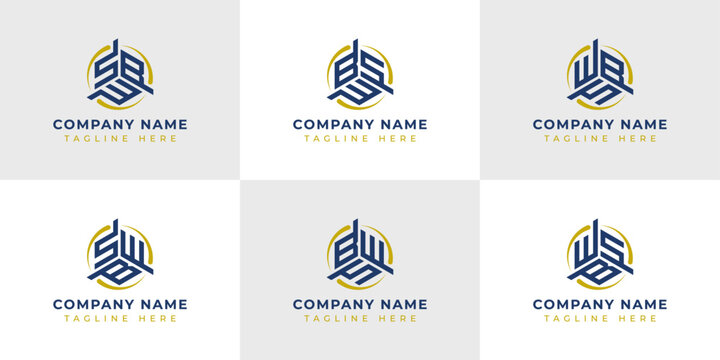 Letter SBW, SWB, BSW, BWS, WSB, WBS Hexagonal Technology Logo Set. Suitable for any business.