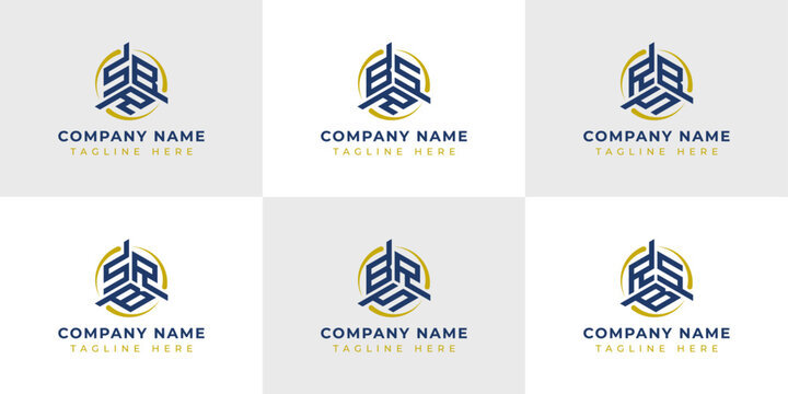 Letter SBR, SRB, BSR, BRS, RSB, RBS Hexagonal Technology Logo Set. Suitable for any business.