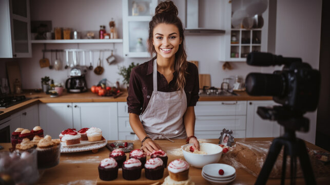 Pretty female food blogger working on a new video and explaining how to cook a dish