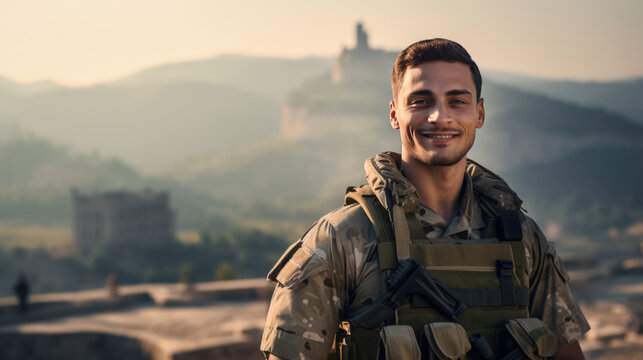 Portrait of american male soldier looking at camera.
