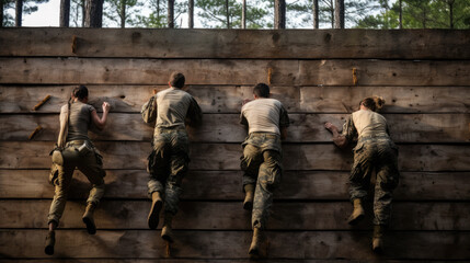 Military personnel go through an obstacle course during training