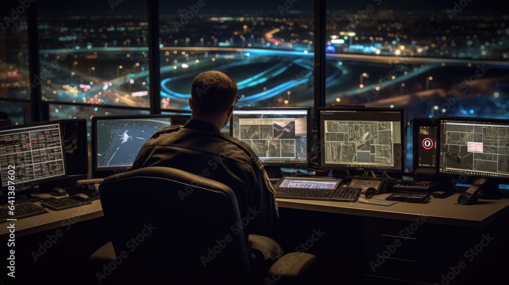 Poster an officer sits in a military command center and monitors data on computer monitors