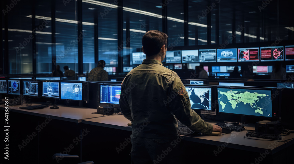 Poster an officer sits in a military command center and monitors data on computer monitors