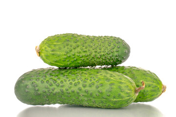 Three fresh green cucumbers, macro, isolated on white background.