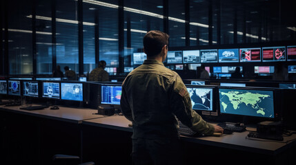An officer sits in a military command center and monitors data on computer monitors