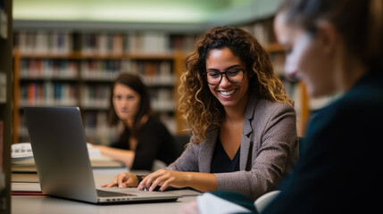 Girl student sits at a computer in the library preparing for an online lecture