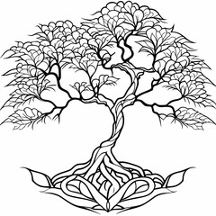 Black and white illustration of a stylized tree with leaves and branches.
