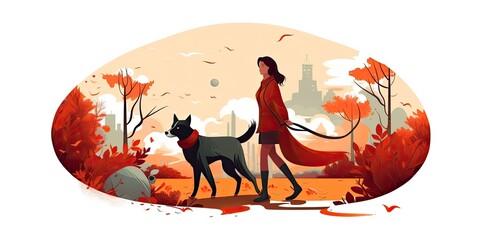  Girl walking with a dog walking in nature. Female character and cute puppy. Flat vector illustration isolated on white background