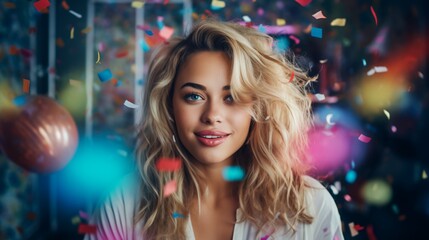  A beautiful woman with blond hair standing in a confetti storm
