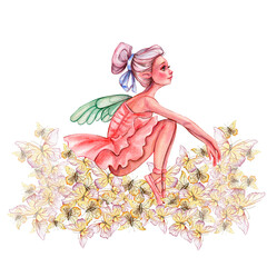 Composition of dancing ballerina with butterflies. Hand drawn classic ballet performance, pose. Young pretty ballerina women illustration. Can be used for postcard and posters.