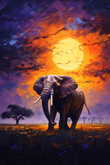 Elefant in Ölfarben mit Sonnenuntergang