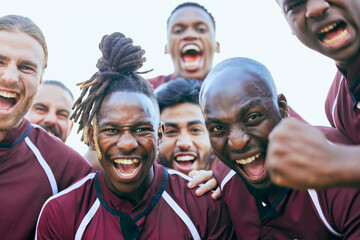 Rugby, sports team portrait and excited scream for teamwork, athlete community support or winning...