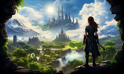 Abenteuer Mädchen mit Blick auf antike Stadt im Dschungel