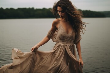 Beautiful young woman in a dress against the backdrop of a misty lake
