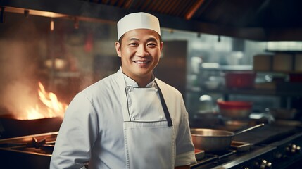A smiling Asian chef in the background of a restaurant kitchen
