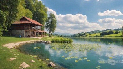 Fototapeta na wymiar A peaceful lake with grassy ground