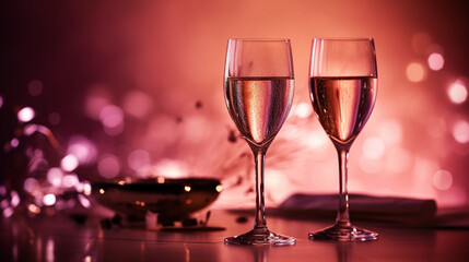 champagne glasses on pink background