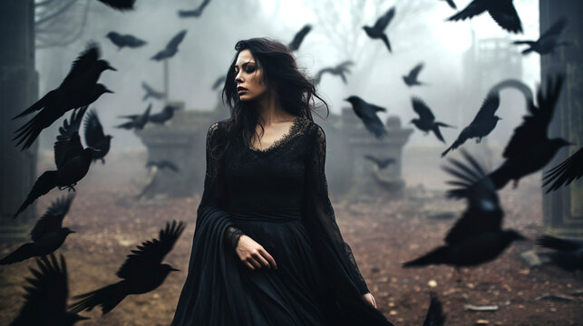 mysterious woman in black gothic dress surrounded by ravens