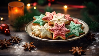 Fototapeta na wymiar Photo of a plate full of cookies and star-shaped treats