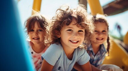 Fototapeta premium Smiling children playing at sunny playground 