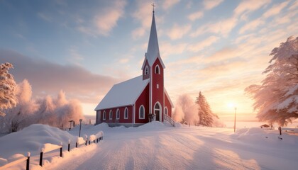 Photo of a picturesque church surrounded by a serene snowy landscape