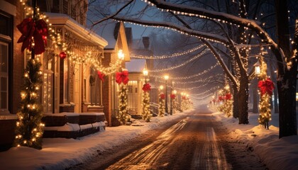 Fototapeta na wymiar Photo of a festive winter wonderland with snow-covered streets and dazzling Christmas lights