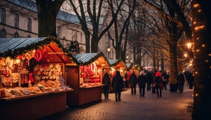 Naklejka premium Photo of people walking through a festive Christmas market on a bustling street