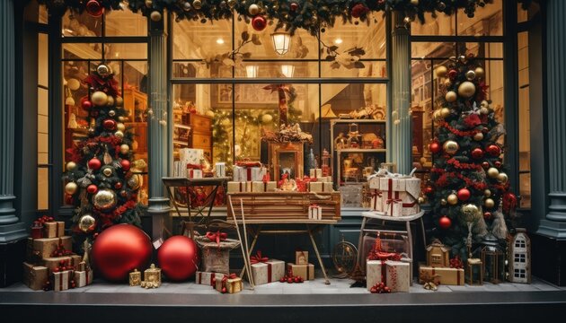 Photo of a festive store front adorned with Christmas decorations and presents