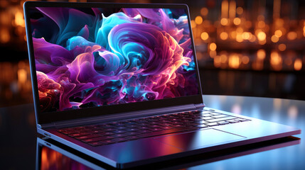 Laptop screen displaying a dynamic vivid and futuristic colorful graphic. Generative AI