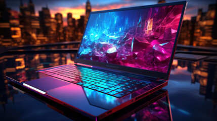 Laptop screen displaying a dynamic vivid and futuristic colorful graphic. Generative AI