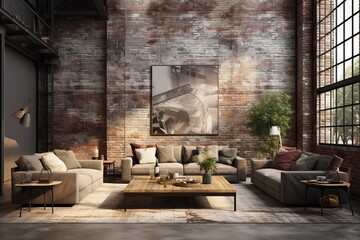 Industrial-Chic Interior, Exposed Brick and Artistic Flair Created with Generative AI