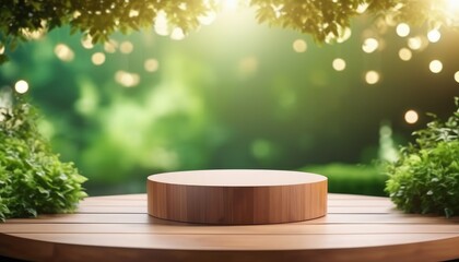 Empty Blank Light Brown Wooden Round Table Top Stand Podium Platform Blurred Bokeh Light Glow Foliage Green Background View Backdrop Mockup Product Presentation Advertisement Natural Organic Healthy