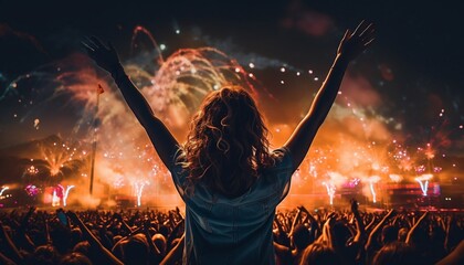 View from behind on a dancing woman on music festival concert