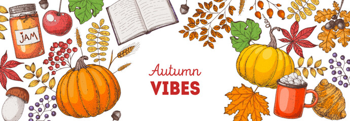 Cozy Autumn frame. Hand drawn vector illustration. Design elements. Set of pumpkin, book, hot drink, twigs, leaves, jar of jam.