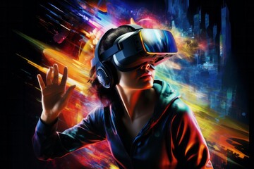 Fototapeta na wymiar Futuristic modern technology woman in virtual reality game glasses in neon lights on dark background