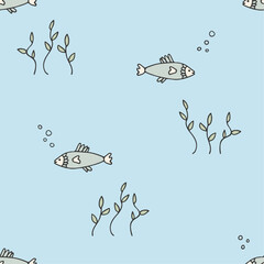 Colored seamless pattern with fish and seaweed. Doodle style. Hand drawn illustration. Vector