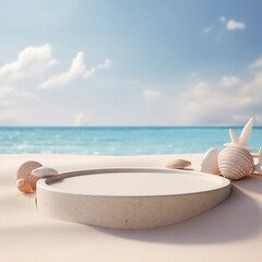 Obraz na płótnie Canvas Minimal round marble podium, Aesthetic summer dais, 3D podium with a premium summer beach background, seaside sand, waves, shells and coconut trees for product showcase, AI generated.
